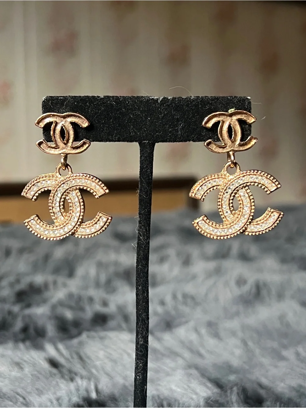 CHANEL Rose Gold Double CC Drop Earrings with Crystal Accents